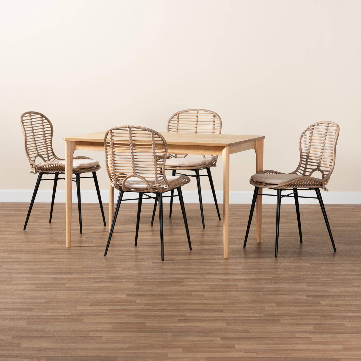 Brenna Modern Wicker Fair Greywashed Rattan and Natural Brown Finished Wood 5-Piece Dining Set