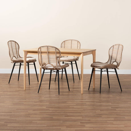 Brenna Modern Wicker Fair Greywashed Rattan and Natural Brown Finished Wood 5-Piece Dining Set