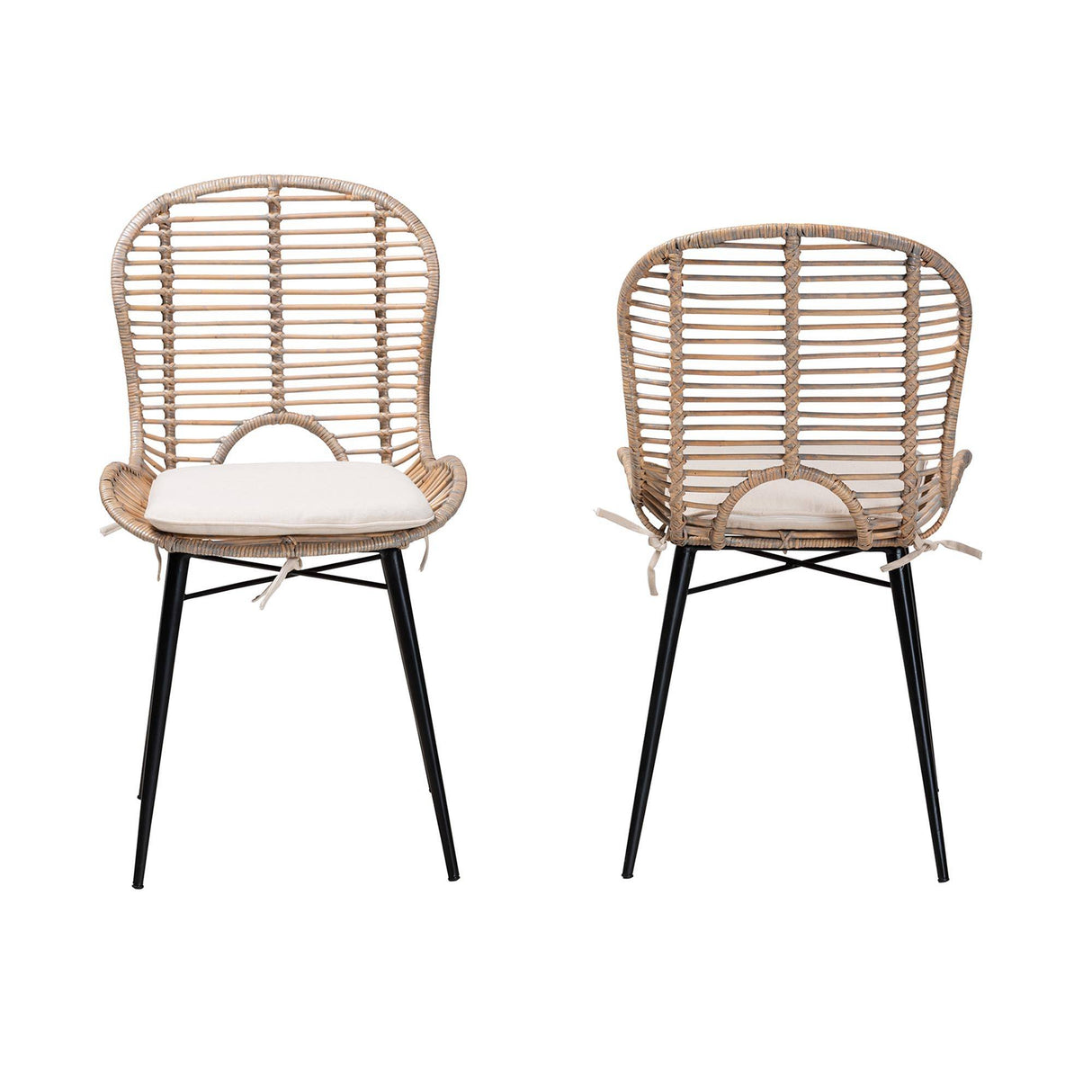 Brenna Modern Wicker Fair Greywashed Rattan and Black Metal 2-Piece Dining Chair Set