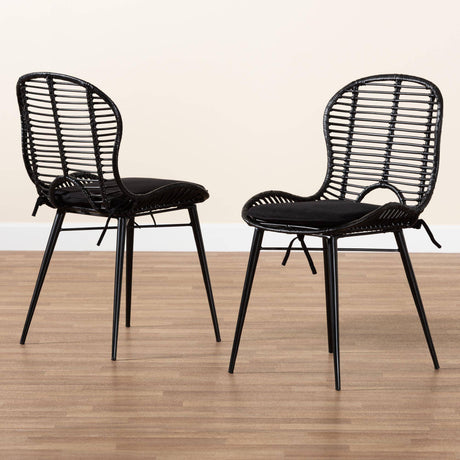 Brenna Modern Wicker Fair Black Finished Rattan and Metal 2-Piece Dining Chair Set