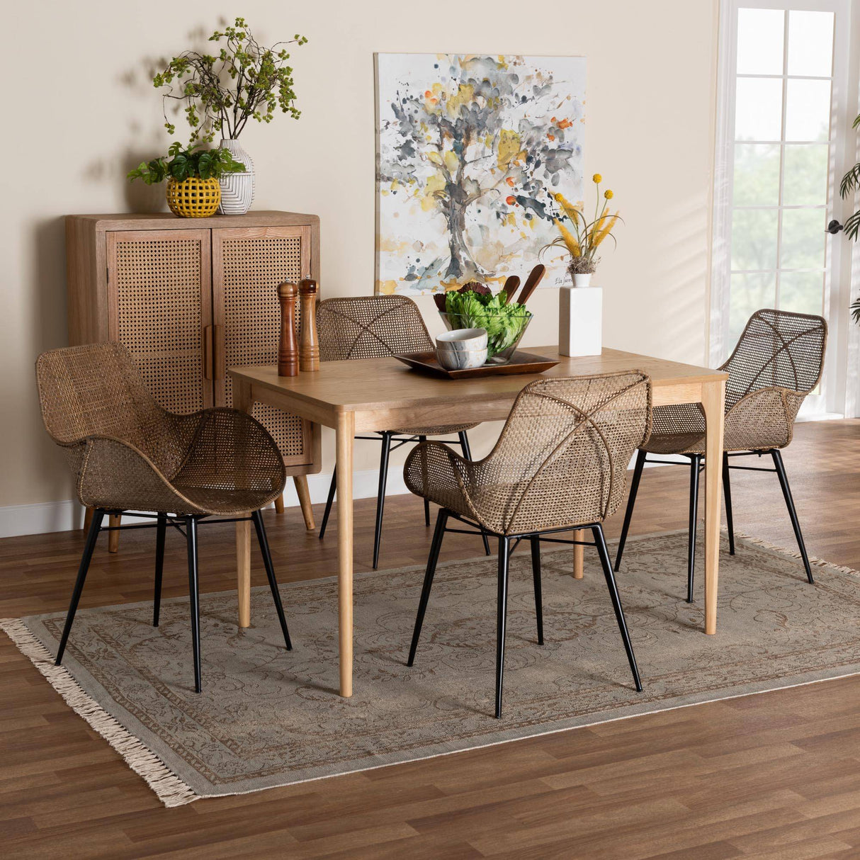 Ballerina Modern Wicker Fair Greywashed Rattan and Black Metal 5-Piece Dining Set