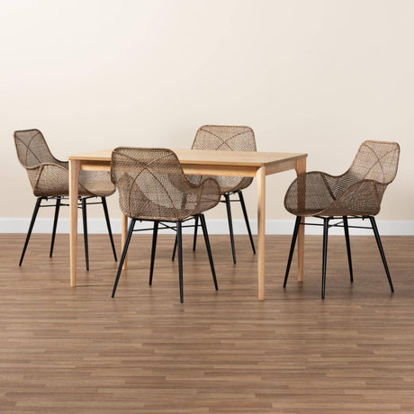 Ballerina Modern Wicker Fair Greywashed Rattan and Black Metal 5-Piece Dining Set