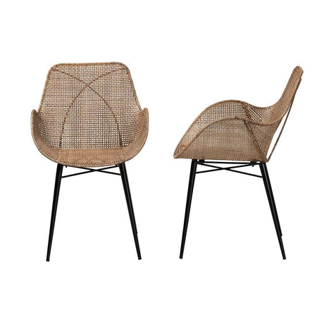 Ballerina Modern Wicker Fair Greywashed Rattan and Black Metal 2-Piece Dining Chair Set