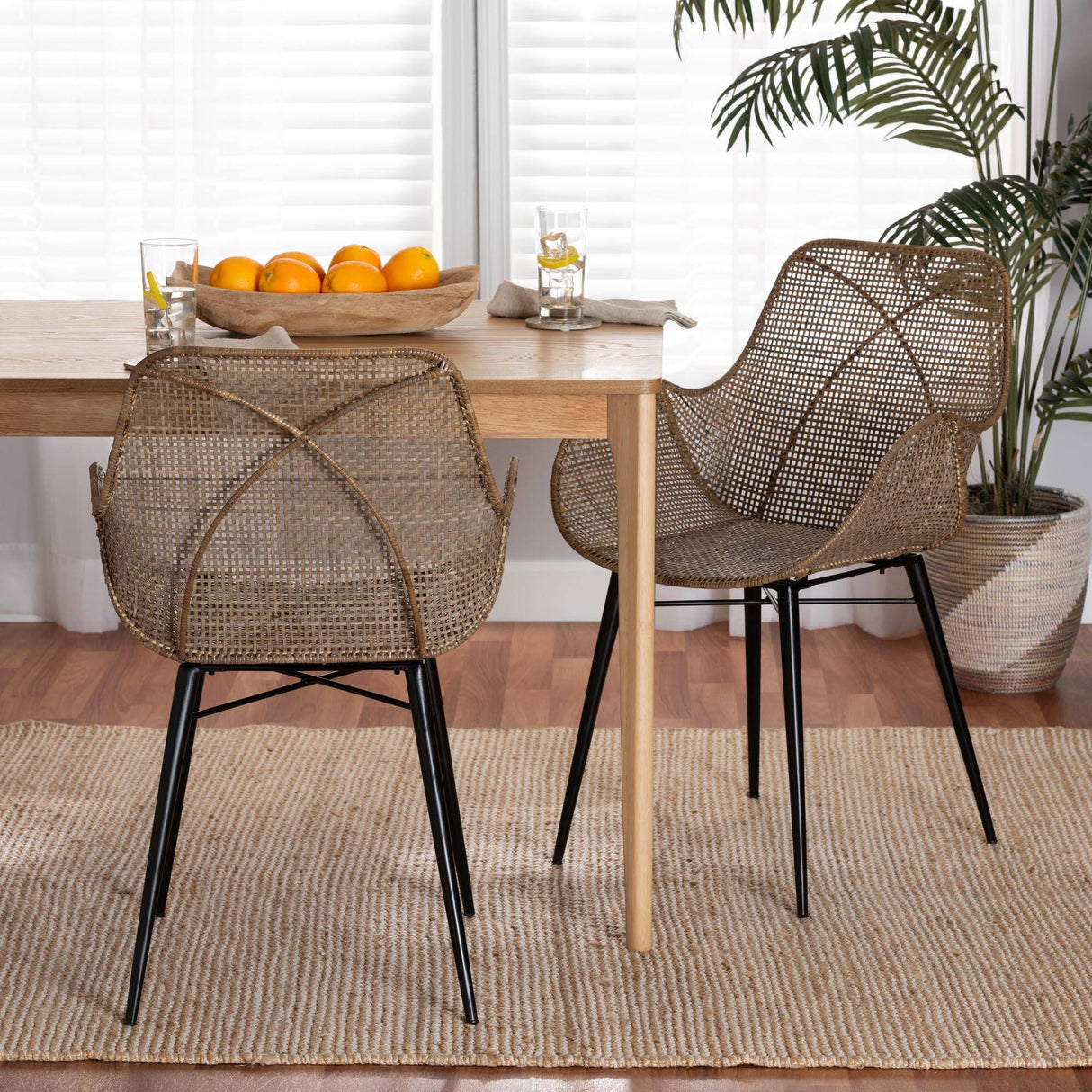 Ballerina Modern Wicker Fair Greywashed Rattan and Black Metal 2-Piece Dining Chair Set