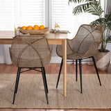 Ballerina Modern Wicker Fair Greywashed Rattan and Black Metal 2-Piece Dining Chair Set