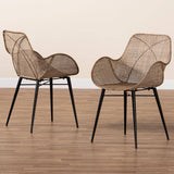 Ballerina Modern Wicker Fair Greywashed Rattan and Black Metal 2-Piece Dining Chair Set