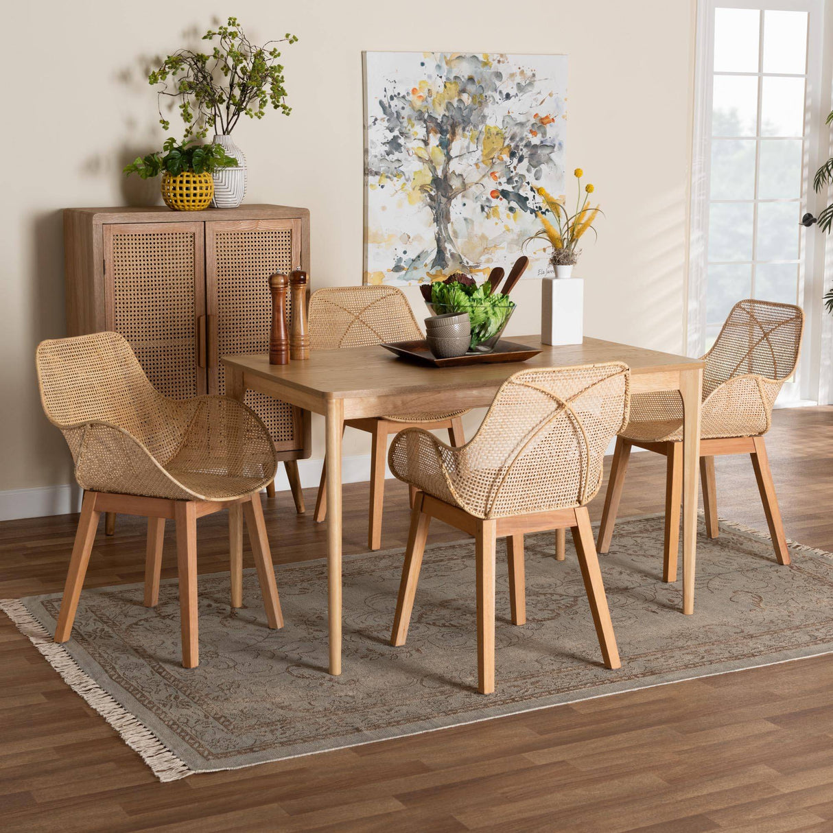 Ballerina Japandi Natural Brown Mahogany Wood and Rattan 5-Piece Dining Set