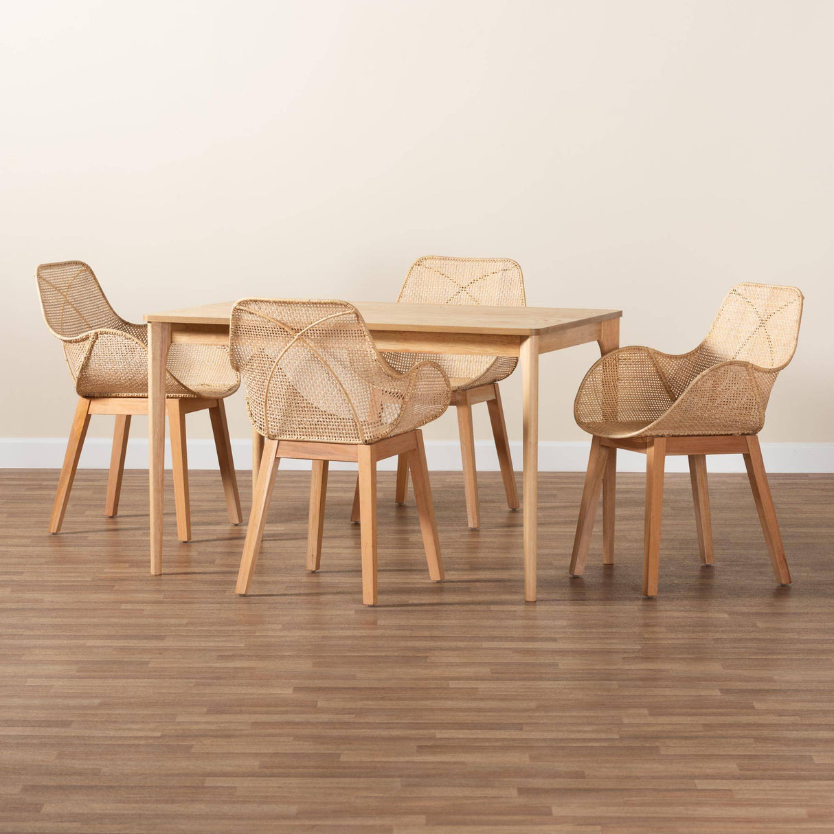 Ballerina Japandi Natural Brown Mahogany Wood and Rattan 5-Piece Dining Set