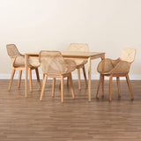 Ballerina Japandi Natural Brown Mahogany Wood and Rattan 5-Piece Dining Set