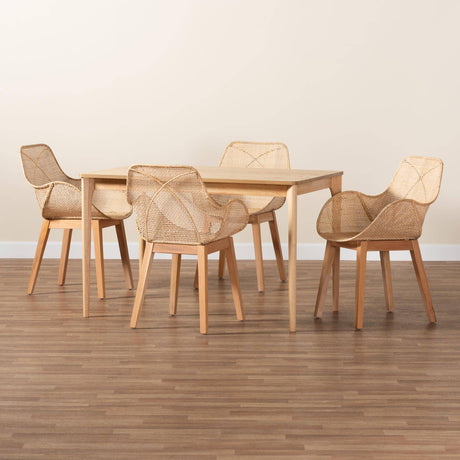 Ballerina Japandi Natural Brown Mahogany Wood and Rattan 5-Piece Dining Set