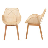 Ballerina Japandi Natural Brown Finished Mahogany Wood and Rattan 2-Piece Dining Chair Set