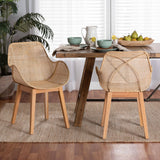 Ballerina Japandi Natural Brown Finished Mahogany Wood and Rattan 2-Piece Dining Chair Set