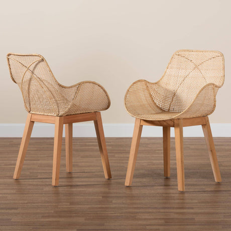 Ballerina Japandi Natural Brown Finished Mahogany Wood and Rattan 2-Piece Dining Chair Set