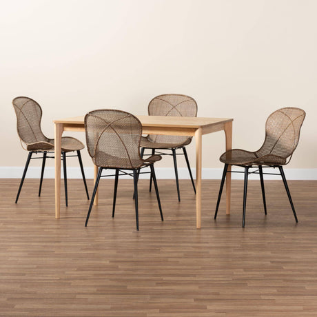 Sabelle Japandi Natural Brown Finished Wood and Greywashed Rattan 5-Piece Dining Set