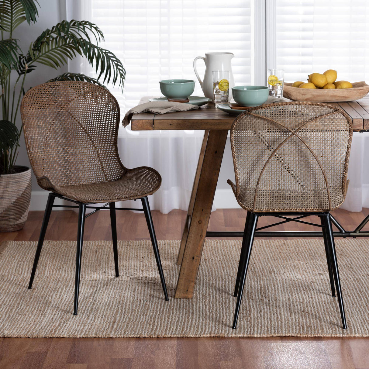 Sabelle Japandi Greywashed Rattan and Black Metal 2-Piece Dining Chair Set