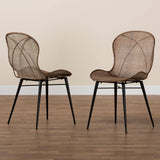 Sabelle Japandi Greywashed Rattan and Black Metal 2-Piece Dining Chair Set