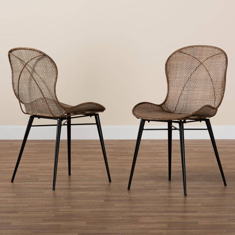 Sabelle Japandi Greywashed Rattan and Black Metal 2-Piece Dining Chair Set