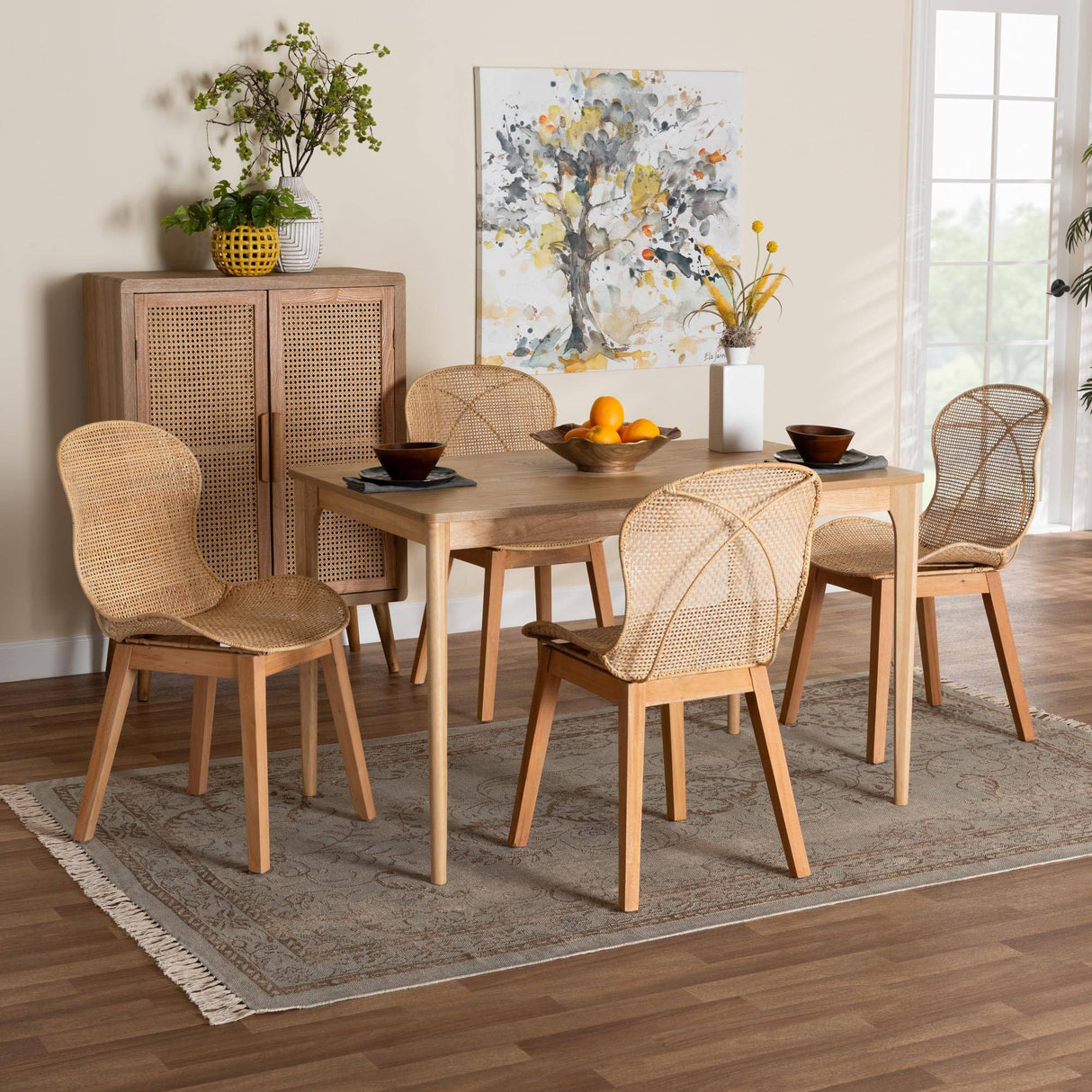Sabelle Japandi Natural Brown Mahogany Wood and Rattan 5-Piece Dining Set