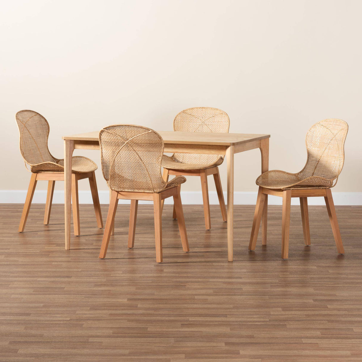 Sabelle Japandi Natural Brown Mahogany Wood and Rattan 5-Piece Dining Set