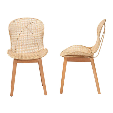 Sabelle Japandi Natural Brown Mahogany and Rattan 2-Piece Dining Chair Set