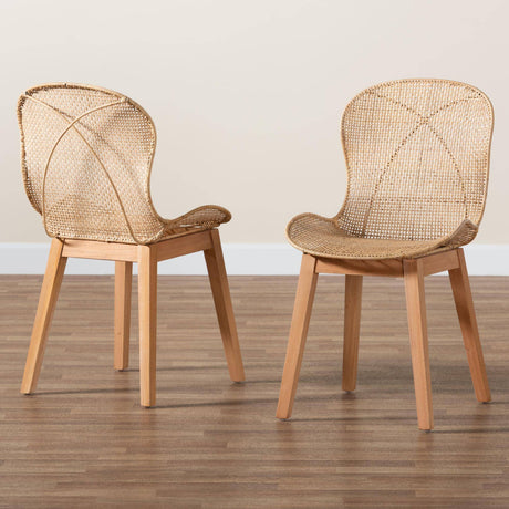 Sabelle Japandi Natural Brown Mahogany and Rattan 2-Piece Dining Chair Set