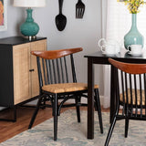 Parthenia Mid-Century Modern Two-Tone Black and Walnut Brown Finished Mahogany Wood and Natural Rattan Dining Chair