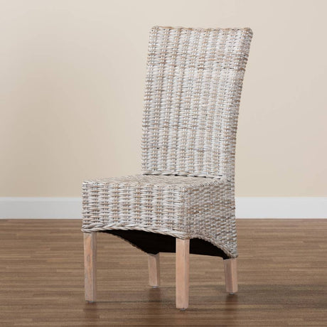 Trianna Rustic Transitional Whitewashed Rattan and Natural Brown Finished Wood Dining Chair