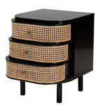 Nabila Modern Wicker Fair Black Bayur Wood and Natural Rattan 3-Drawer End Table Nightstand