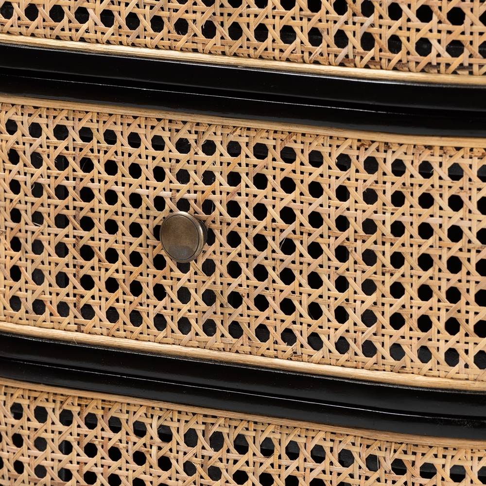 Nabila Modern Wicker Fair Black Bayur Wood and Natural Rattan 3-Drawer End Table Nightstand