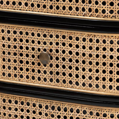Nabila Modern Wicker Fair Black Bayur Wood and Natural Rattan 3-Drawer End Table Nightstand
