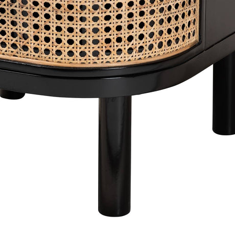 Nabila Modern Wicker Fair Black Bayur Wood and Natural Rattan 3-Drawer End Table Nightstand