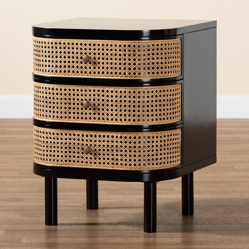 Nabila Modern Wicker Fair Black Bayur Wood and Natural Rattan 3-Drawer End Table Nightstand