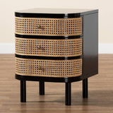Nabila Modern Wicker Fair Black Bayur Wood and Natural Rattan 3-Drawer End Table Nightstand