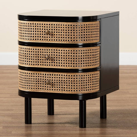 Nabila Modern Wicker Fair Black Bayur Wood and Natural Rattan 3-Drawer End Table Nightstand