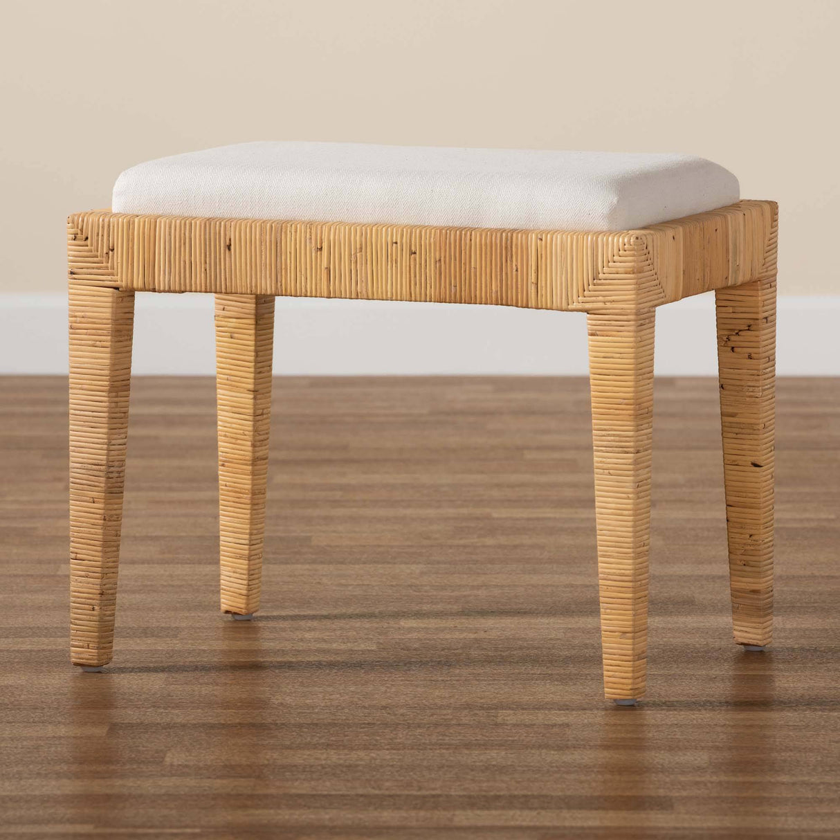 Sofia Modern Wicker Fair Natural Brown Rattan and Mahogany Wood Ottoman