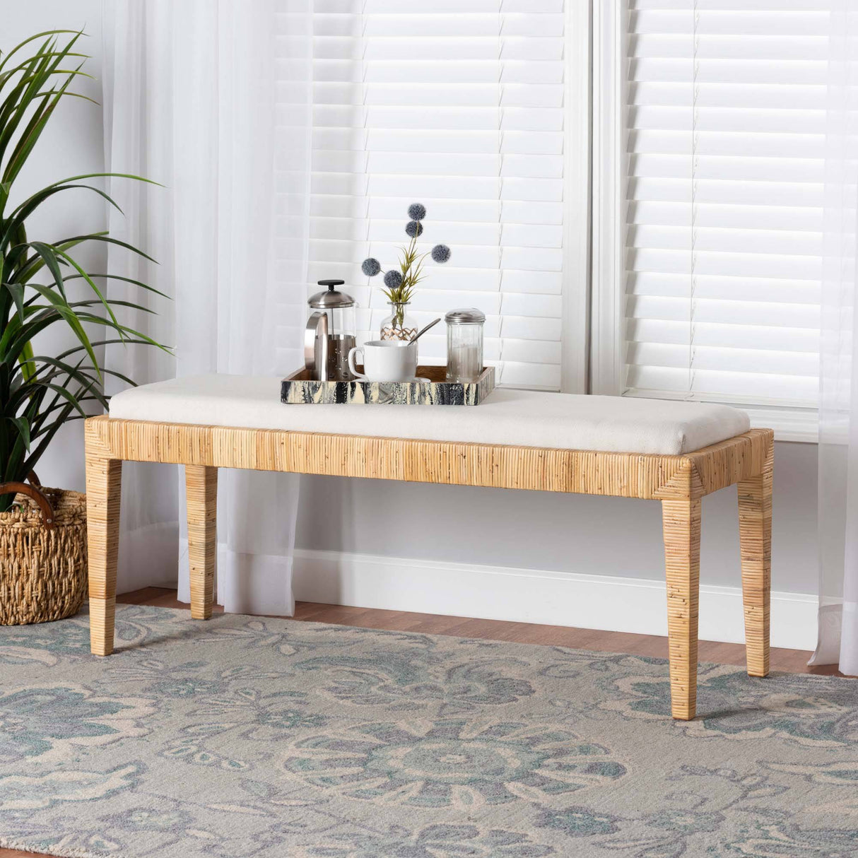 Sofia Modern Wicker Fair Natural Brown Rattan and Mahogany Wood Bench