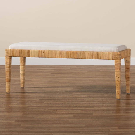 Sofia Modern Wicker Fair Natural Brown Rattan and Mahogany Wood Bench