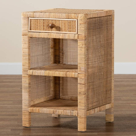 Bella Modern Wicker Fair Natural Brown Mahogany Wood and Natural Rattan 1-Drawer Nightstand