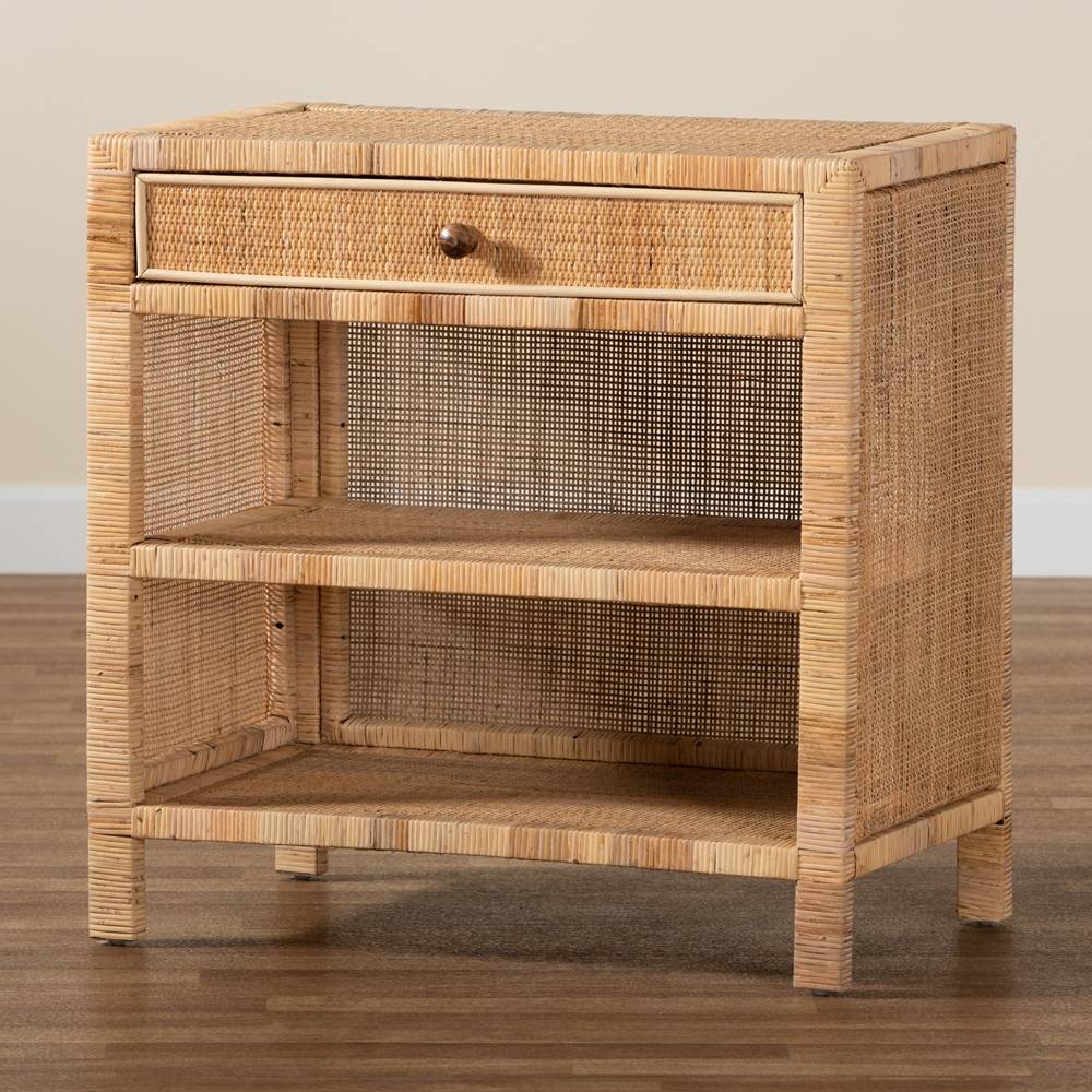 Bella Modern Wicker Fair Natural Brown Mahogany Wood and Natural Rattan 1-Drawer Console Table