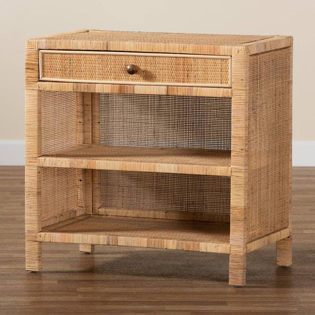 Bella Modern Wicker Fair Natural Brown Mahogany Wood and Natural Rattan 1-Drawer Console Table
