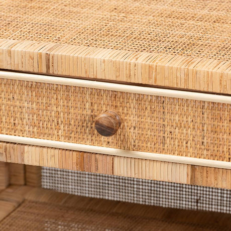 Bella Modern Wicker Fair Natural Brown Mahogany Wood and Natural Rattan 1-Drawer Console Table