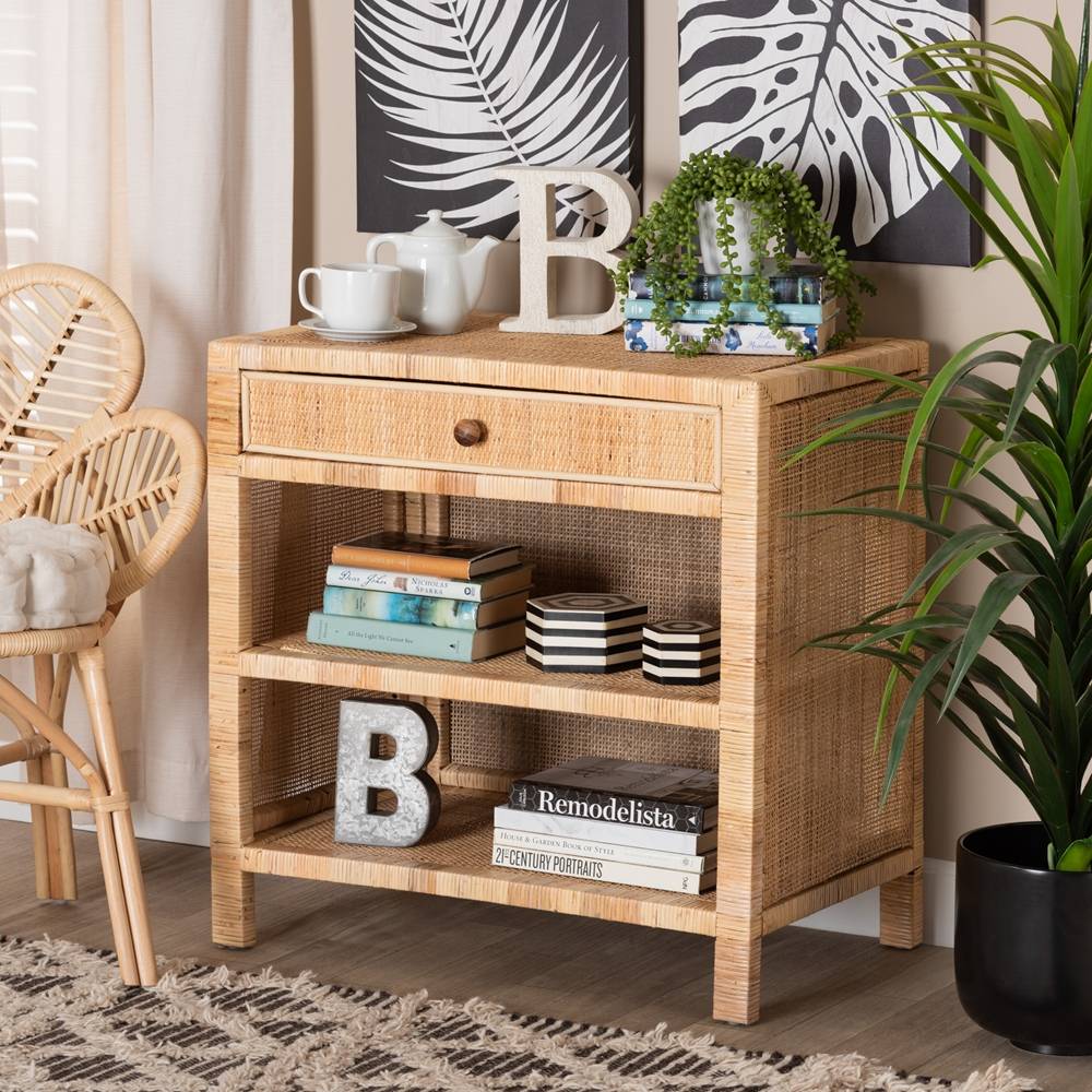 Bella Modern Wicker Fair Natural Brown Mahogany Wood and Natural Rattan 1-Drawer Console Table