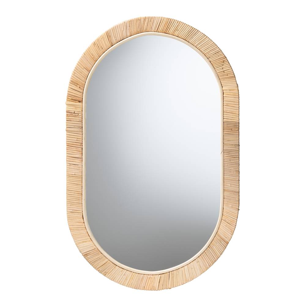 Bella Modern Wicker Fair Natural Brown Mahogany Wood and Natural Rattan Oval Mirror