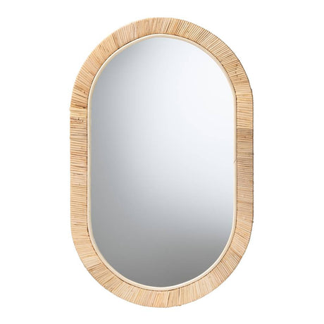 Bella Modern Wicker Fair Natural Brown Mahogany Wood and Natural Rattan Oval Mirror