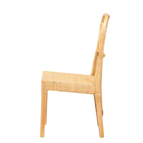 Monaco Modern Wicker Fair Oak Brown Finished Mahogany Wood and Natural Rattan Dining Chair