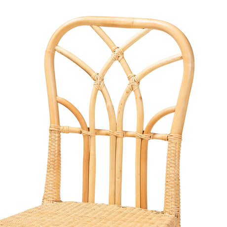 Monaco Modern Wicker Fair Oak Brown Finished Mahogany Wood and Natural Rattan Dining Chair