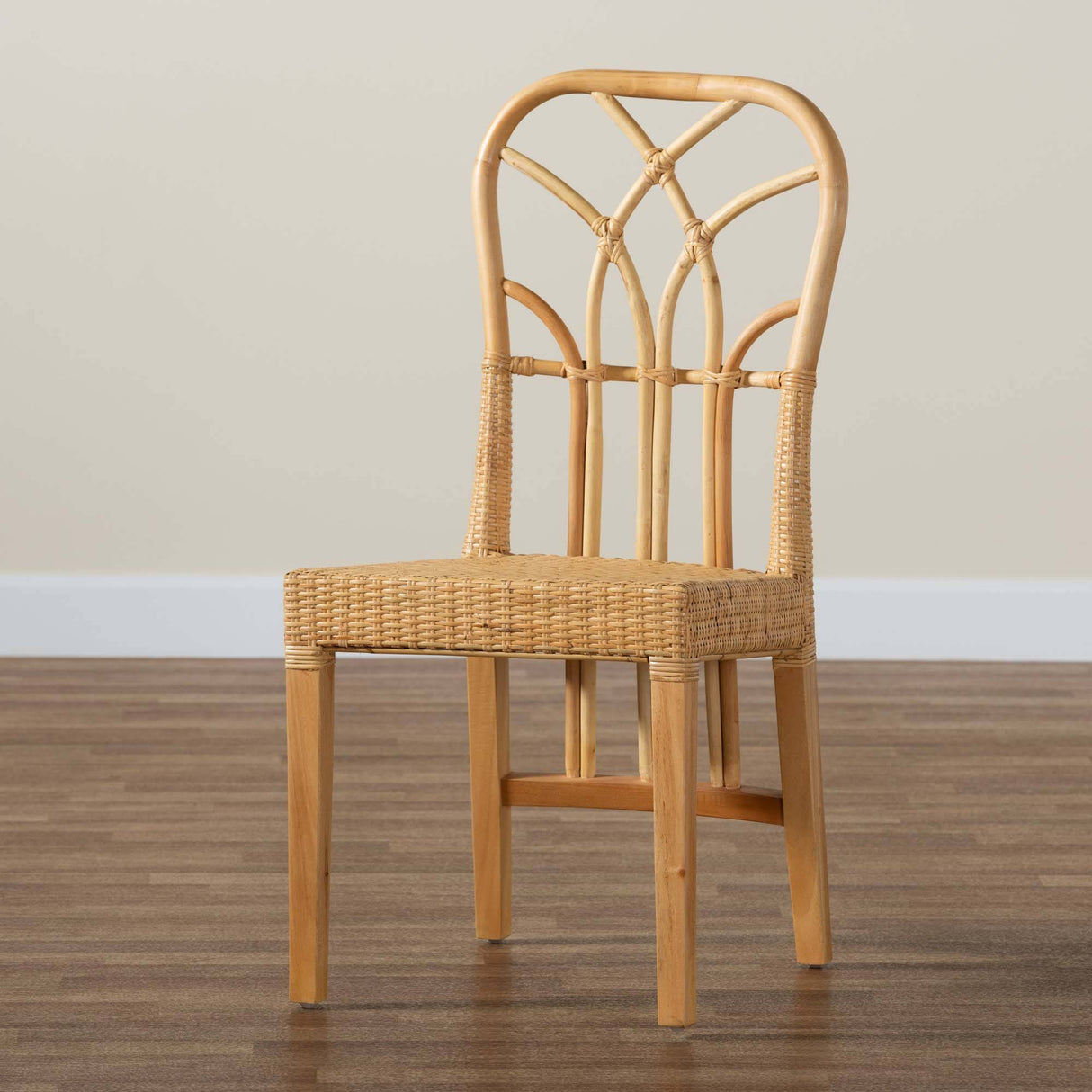 Monaco Modern Wicker Fair Oak Brown Finished Mahogany Wood and Natural Rattan Dining Chair