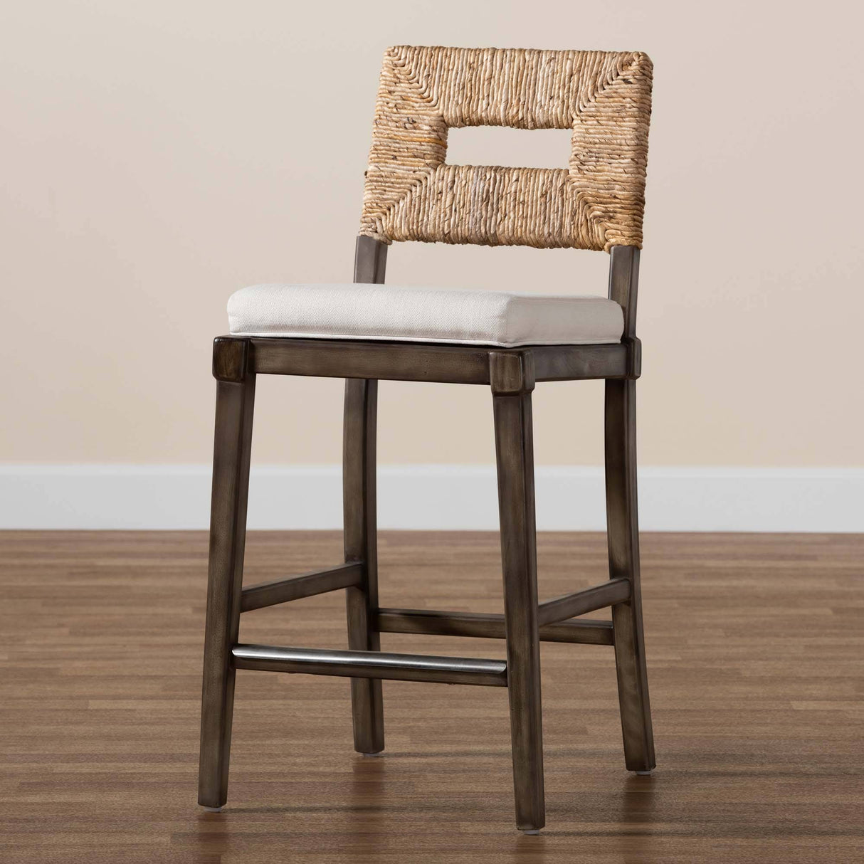 Porsha Modern Wicker Fair Dark Brown Finished Mahogany Wood and Natural Rattan Counter Stool