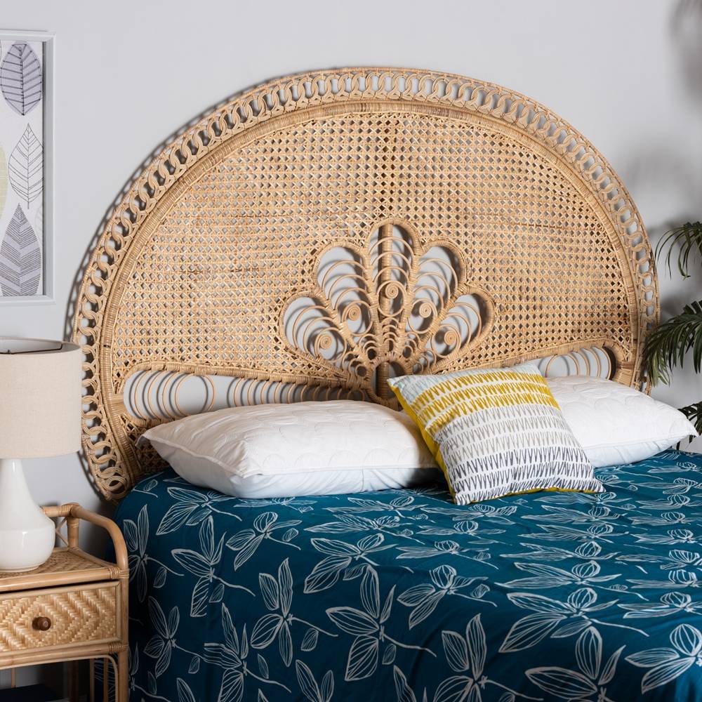 Marlette Modern Wicker Fair Natural Brown Rattan Queen Size Standalone Headboard