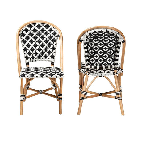 Ambre Modern French Black and White Weaving Natural Rattan 2-Piece Bistro Chair Set